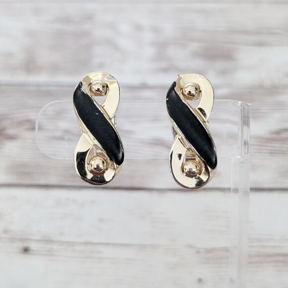 Vintage Clip On Earrings Black & Gold Tone Earrings - Fair Condition - Picture 1 of 7
